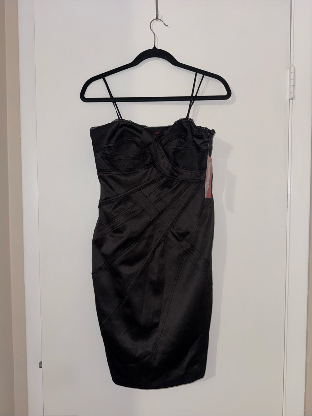 JS Collections Black Satin Spaghetti-Strap Sheath Dress